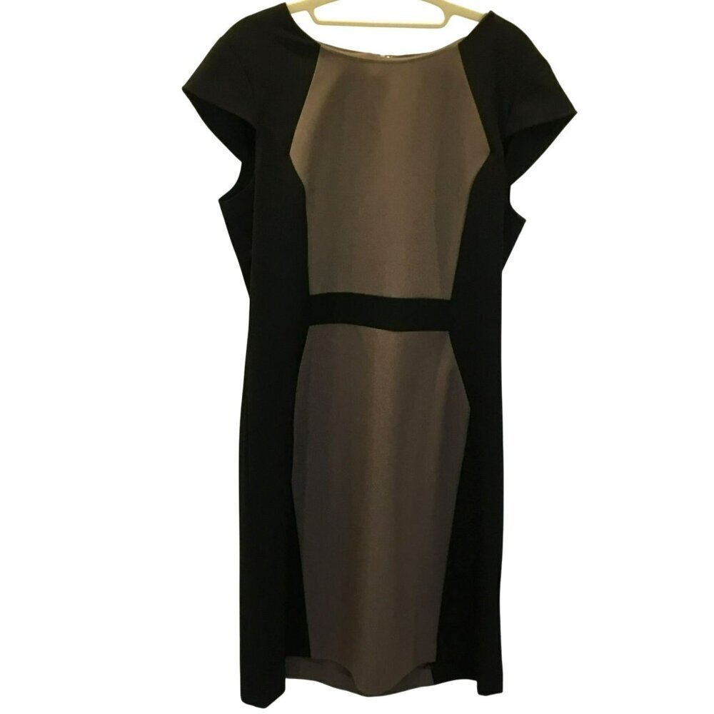 Voir Voir Sheath Dress Cap Sleeves Colorblock Women's Sz 12 Black Tan Slimming